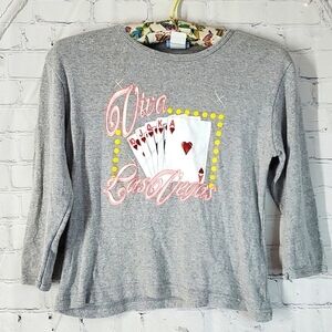 Vintage Y2K Quarter Sleeve Gray Sparkly Graphic Print Viva Las Vegas Womens Top